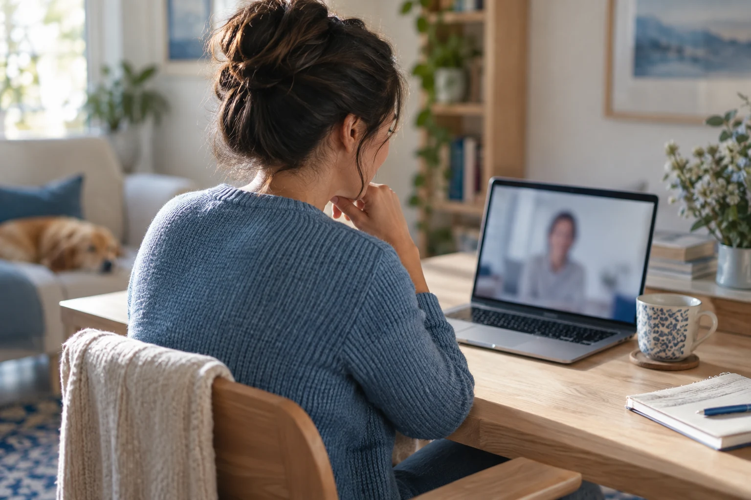 Una persona davanti al computer per un colloquio psicologico online